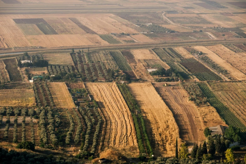 an aerial view of a large field with a train on it