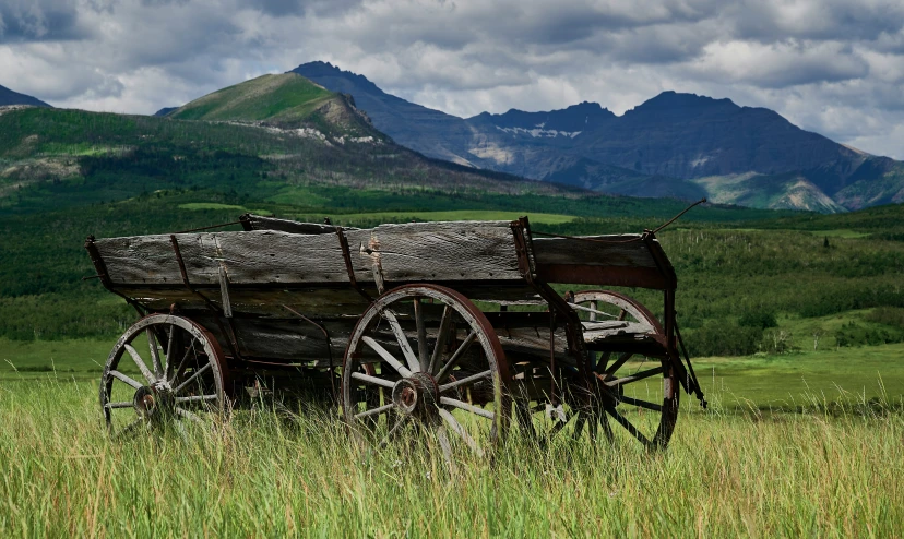 a broken wagon sitting in tall grass with mountains in the background