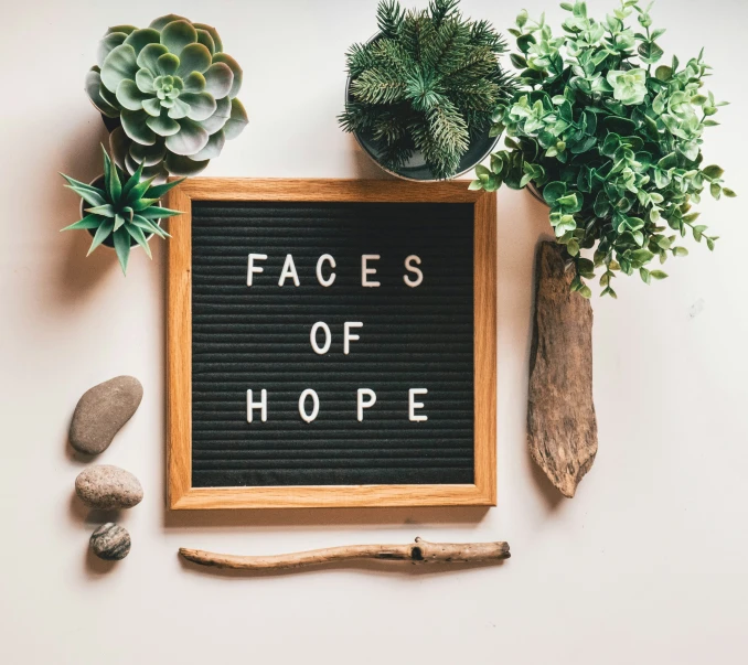 a picture of plants on a table with the words faces of hope on it