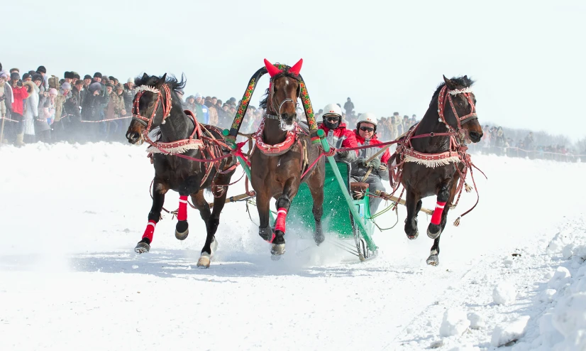 men in horses - drawn sleighs lead by horses with a man riding in the middle of it