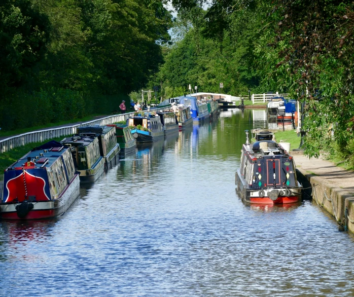 many narrow boats are lined up on the bank of a river