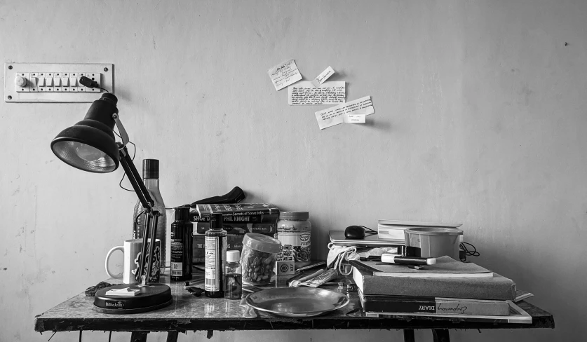 a small table with various items on it