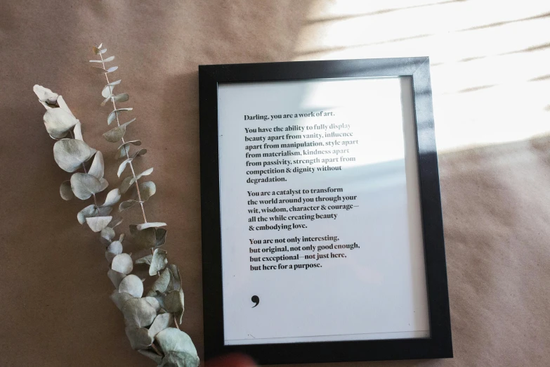 a framed book beside a plant and paper