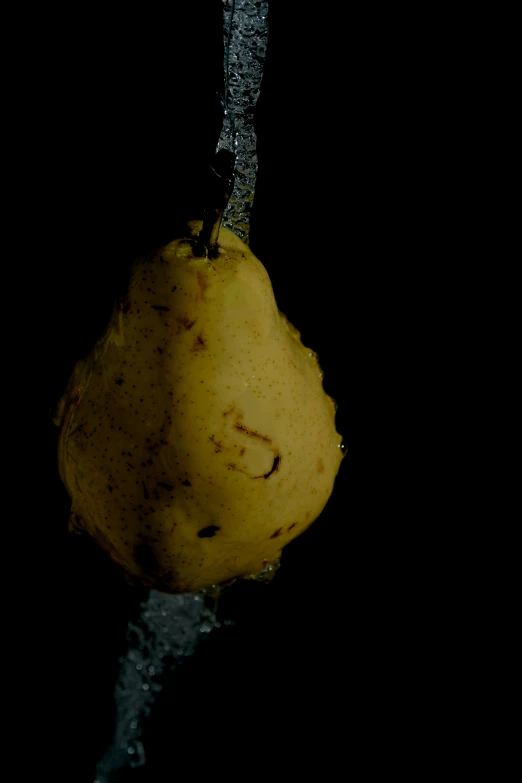 a yellow piece of food hanging from a black background