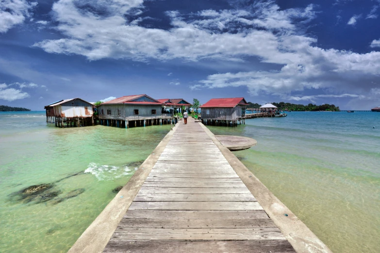 water view from the beach with piers to houses