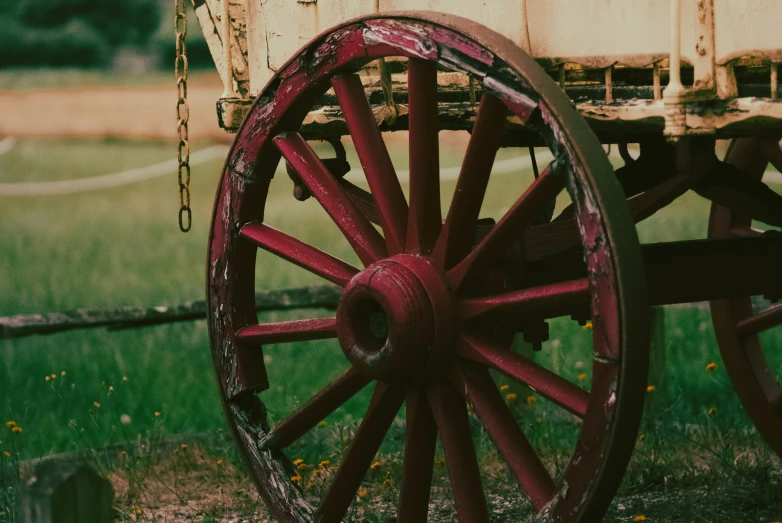 an old wagon stands on the grass outside