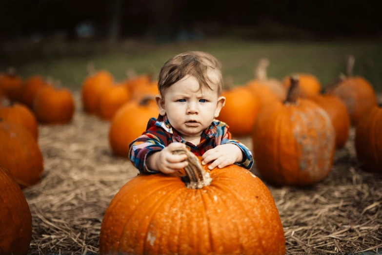 a small child reaching out on top of a pumpkin