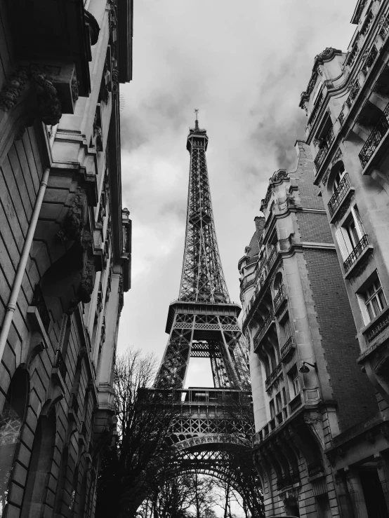 the eiffel tower as seen from between buildings