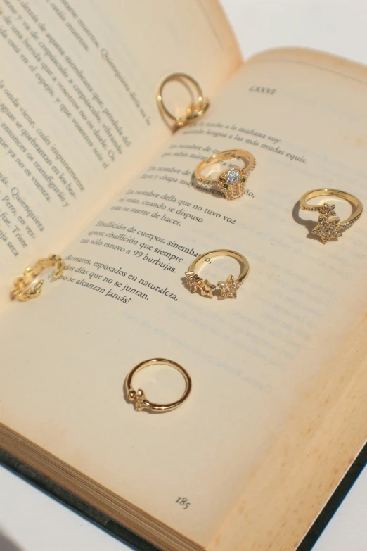 a book with five different gold rings on it