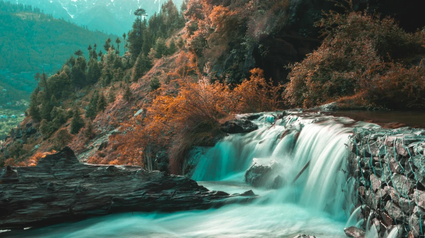 a waterfall running into a forest next to some trees