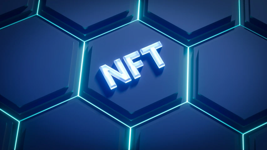 a neon blue background with a large, numericized metal structure holding the letters nfl
