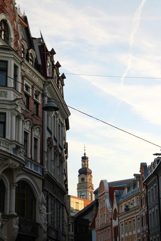 a bird perched on the wires beside a building with an ornate tower