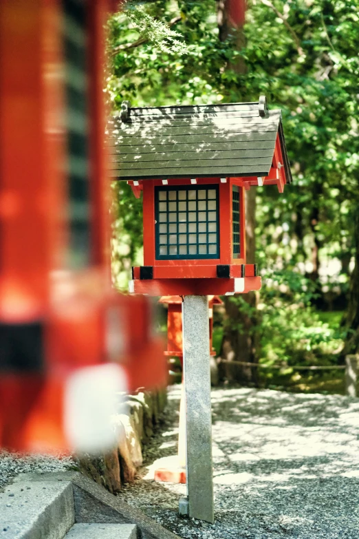 red birdhouse sitting in front of lush trees