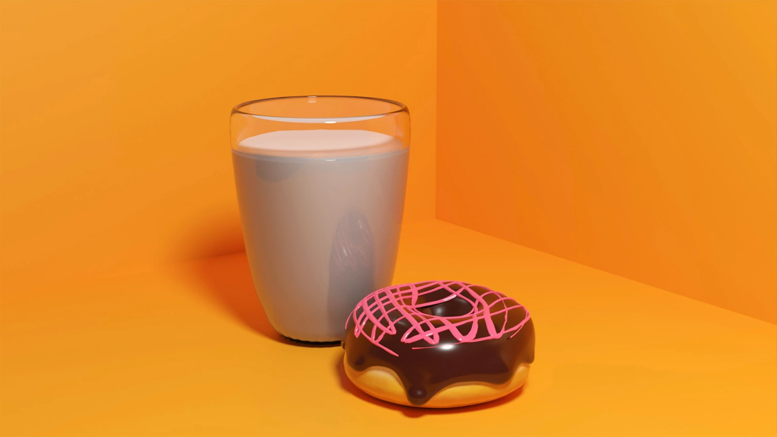 a glass of milk, a chocolate donut and an orange background