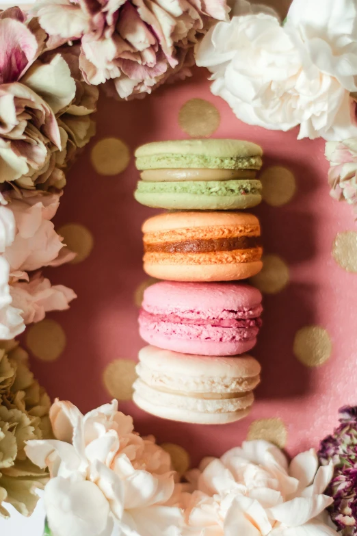 a bunch of assorted macaroons sitting on top of a pink blanket