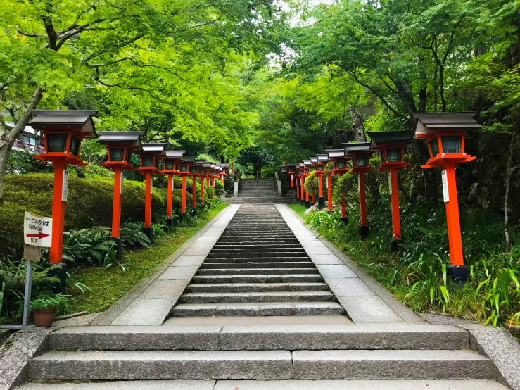 a small, grassy path has red columns and steps leading to some trees