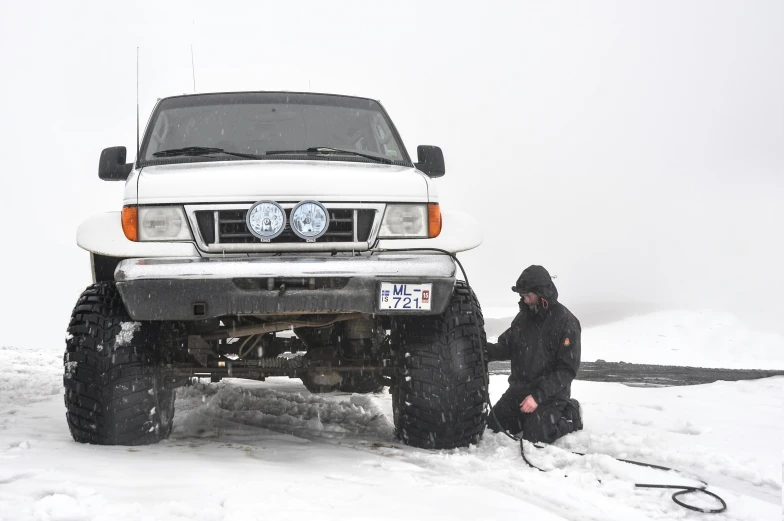 a person kneeling in the snow between two big tires