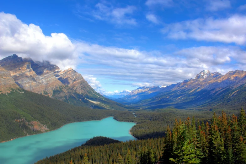 a lake in the middle of mountains with a green forest nearby