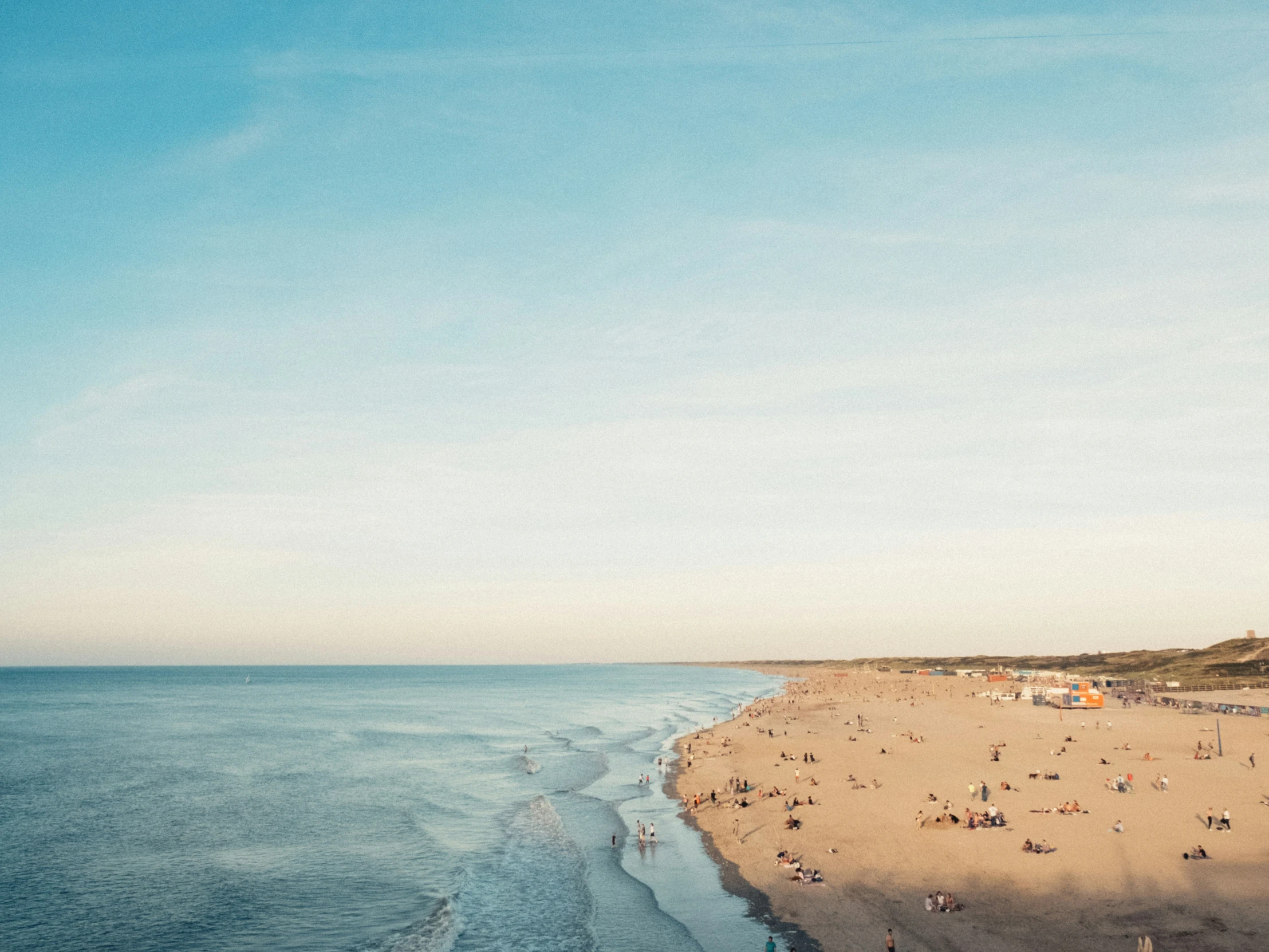 a large group of people are standing on the beach