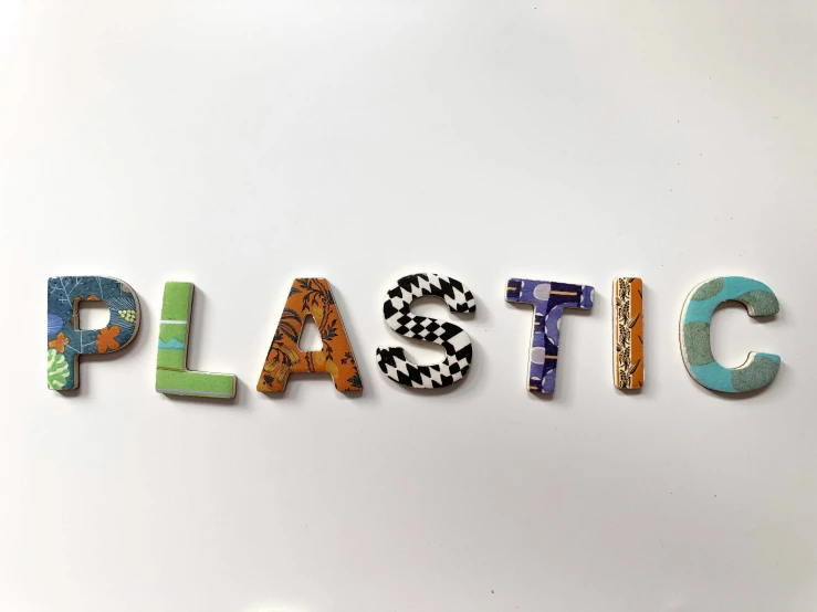 the words plastic are written in wood type letters