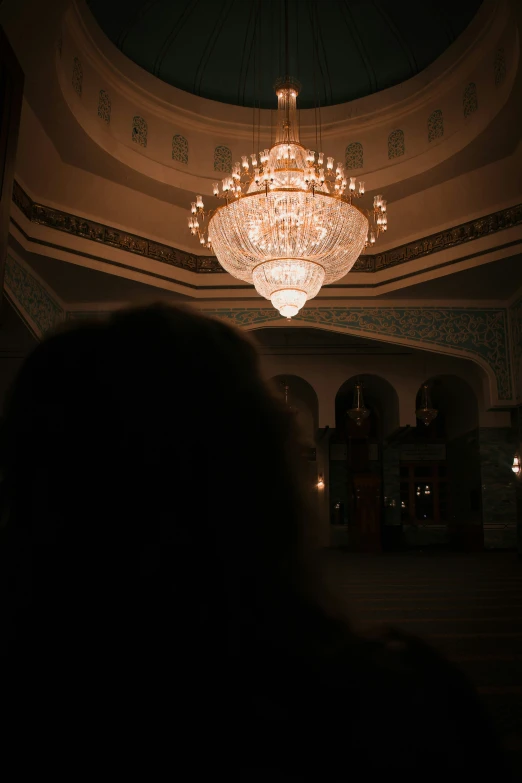the silhouette of a person standing in front of a chandelier