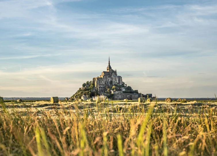 there is a castle that is sitting in the middle of a field