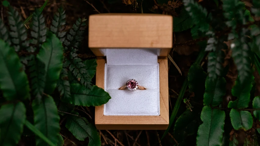 a white diamond ring sits inside of a box