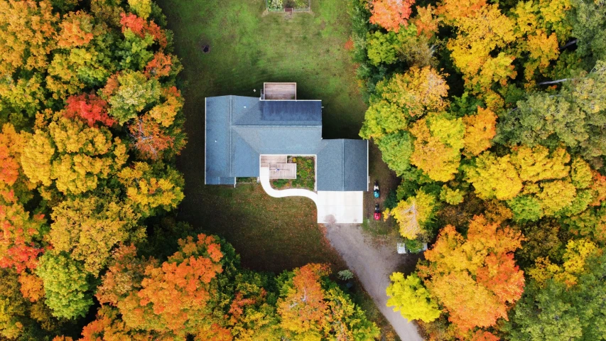 a house with autumn foliage around it from the air