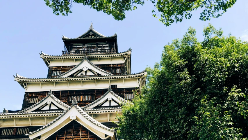 the top of a wooden pagoda stands tall above trees