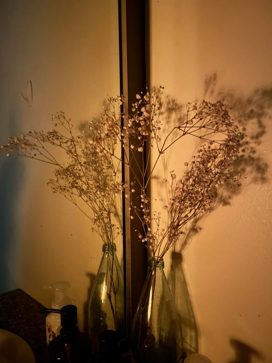 flowers in vases sitting on a shelf next to a mirror