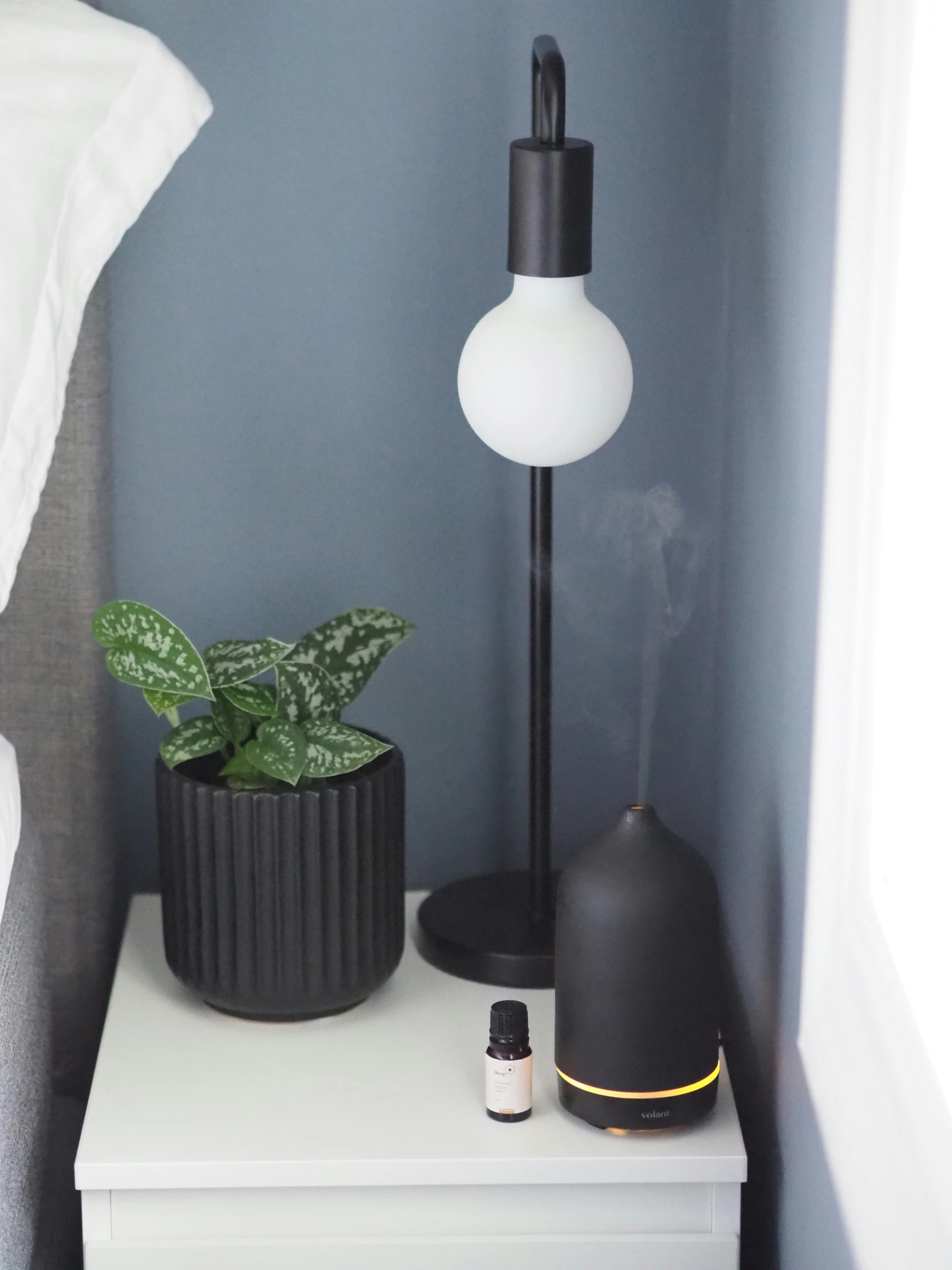 a small table with a lamp on it, and a plant sitting on top