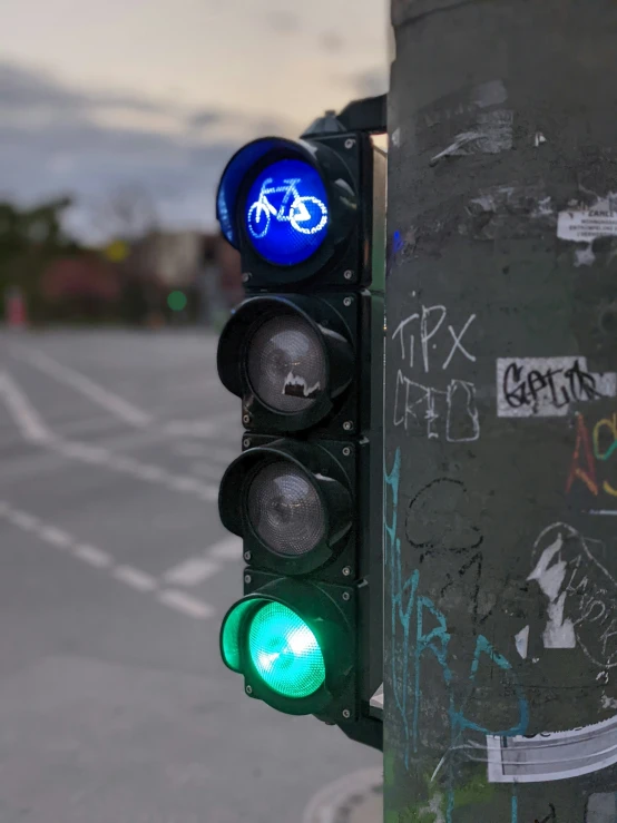 the green light is a blue bicycle symbol