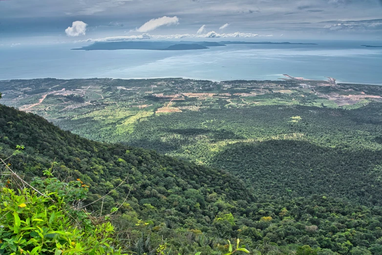 a hill covered with green vegetation and a large lake in the distance