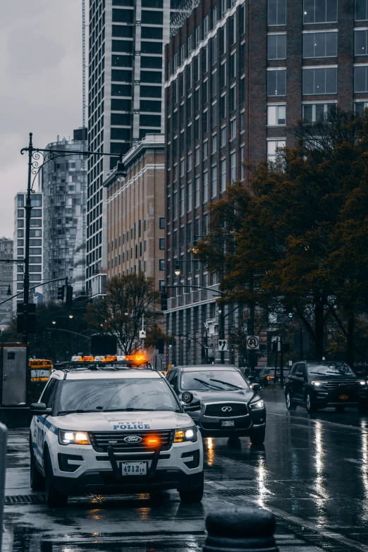 two police cars driving down a wet street