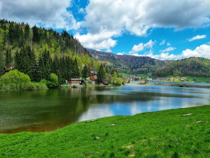 a view of a large body of water with green hillside