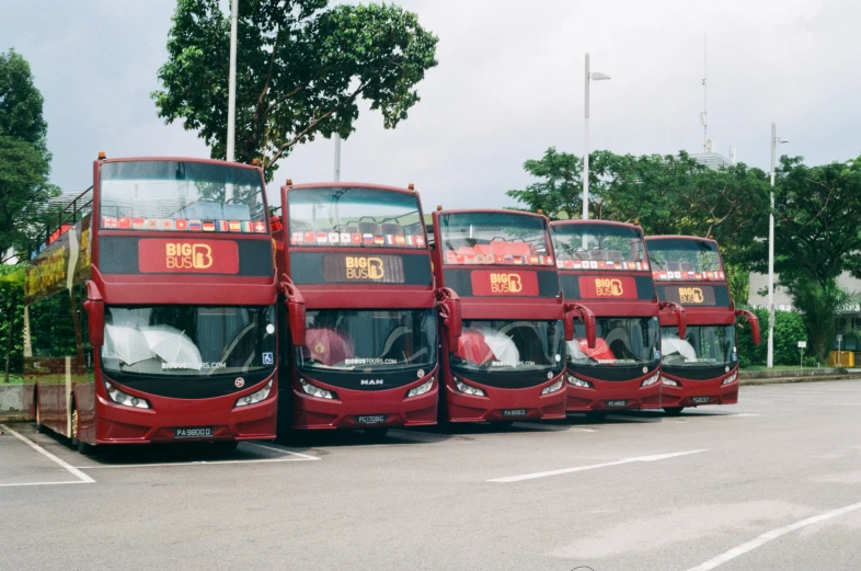 a row of red double decker buses sitting in a parking lot