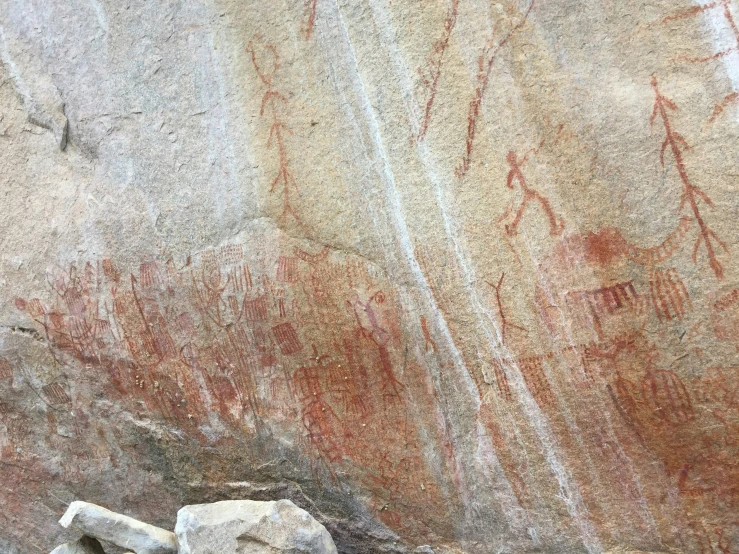 a rock wall has a rock painting with some animal on it