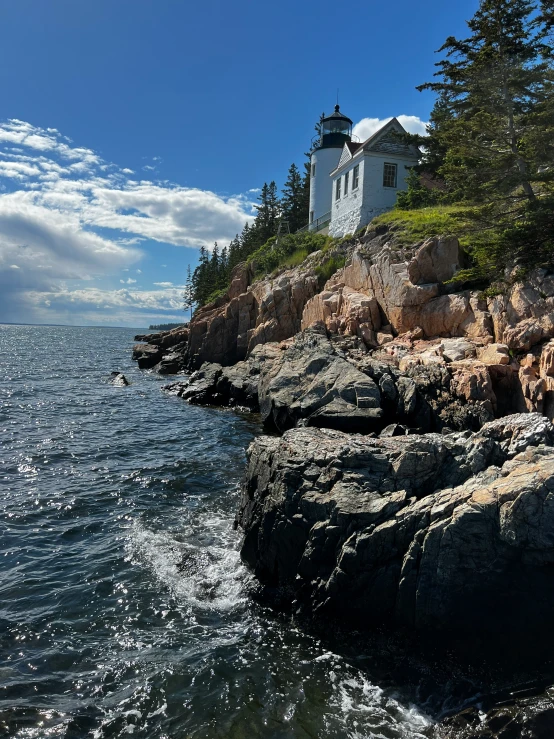 a lighthouse sitting on top of a rocky shore