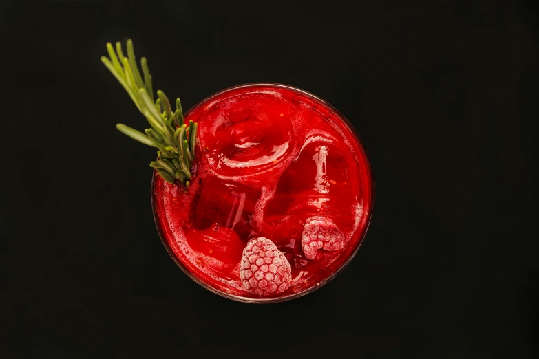 an overhead view of a drink with garnish and herbs