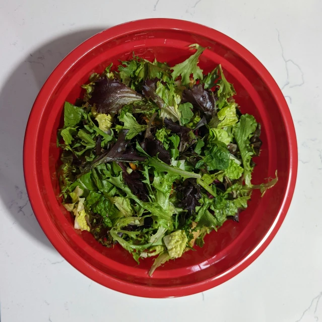 a red bowl containing leafy green salad on a white table