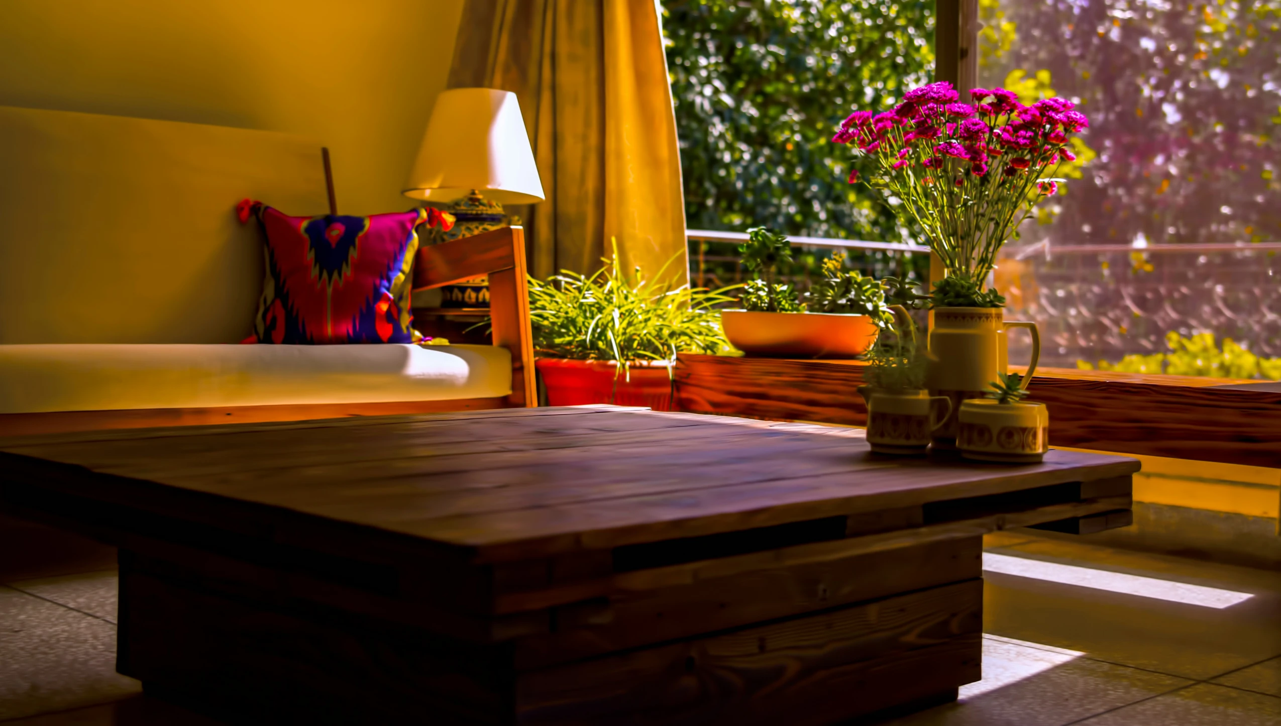 the living room is decorated with a variety of plants