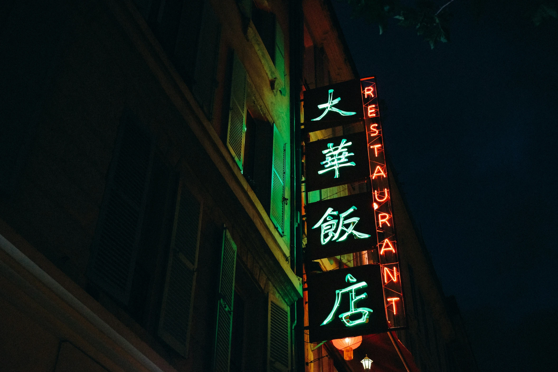 a building is lit up and the neon sign reads asian restaurant