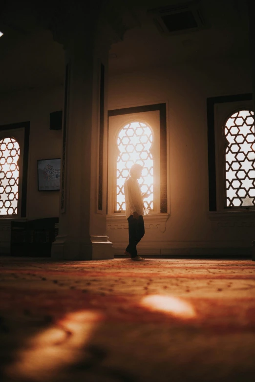 a person in a room looking at some stained glass windows