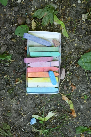colored chalks stacked together in a garden box