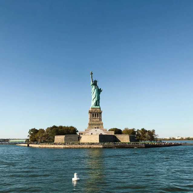 the statue of liberty, looking across the water