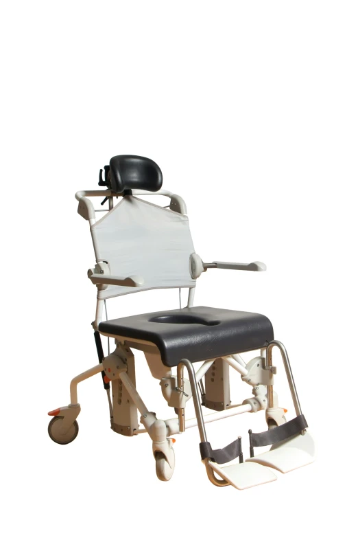 an adjustable chair that is white and has black seat