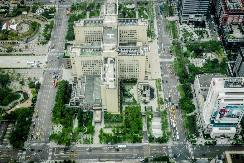 an aerial s of buildings, street and streets