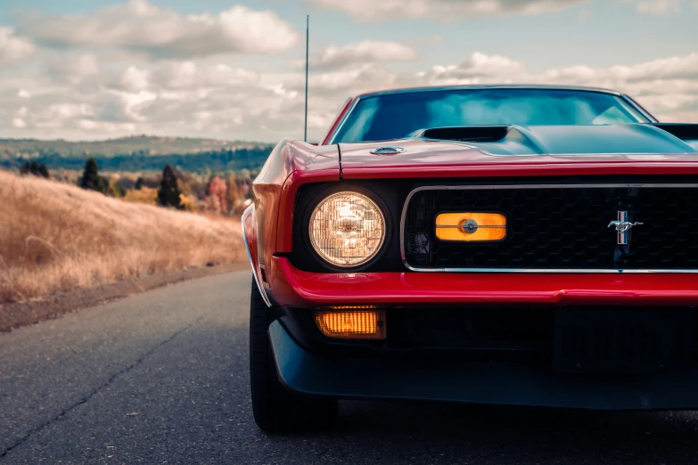 a mustang with an emblem on it is stopped in the road