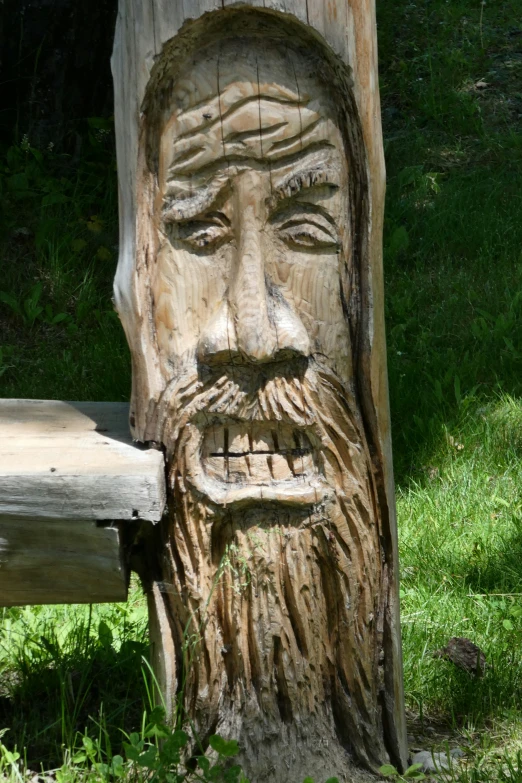 a close up of a carved wooden face on a tree