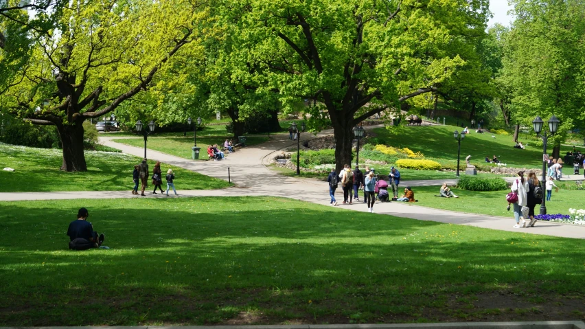 a group of people walking and sitting in a park area